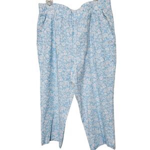 Land n Sea Linen Pants Size Large Blue Floral Print Elastic Waist Pockets